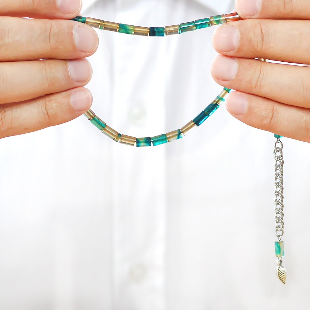 Ateş Kehribar Tesbih - Kararmaz Metal Püsküllü - Mini Boy - Mavi Beyaz - Kesme Kesim - 4