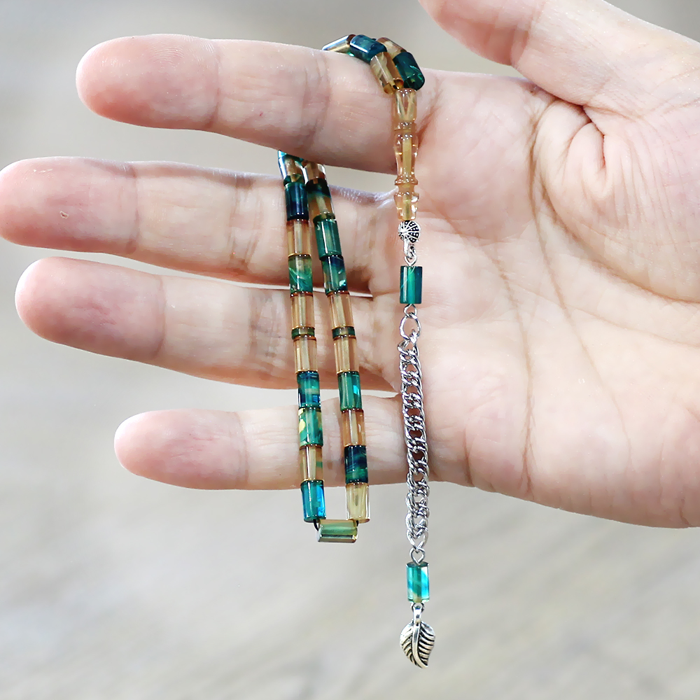 Ateş Kehribar Tesbih - Kararmaz Metal Püsküllü - Mini Boy - Mavi Beyaz - Kesme Kesim - 3