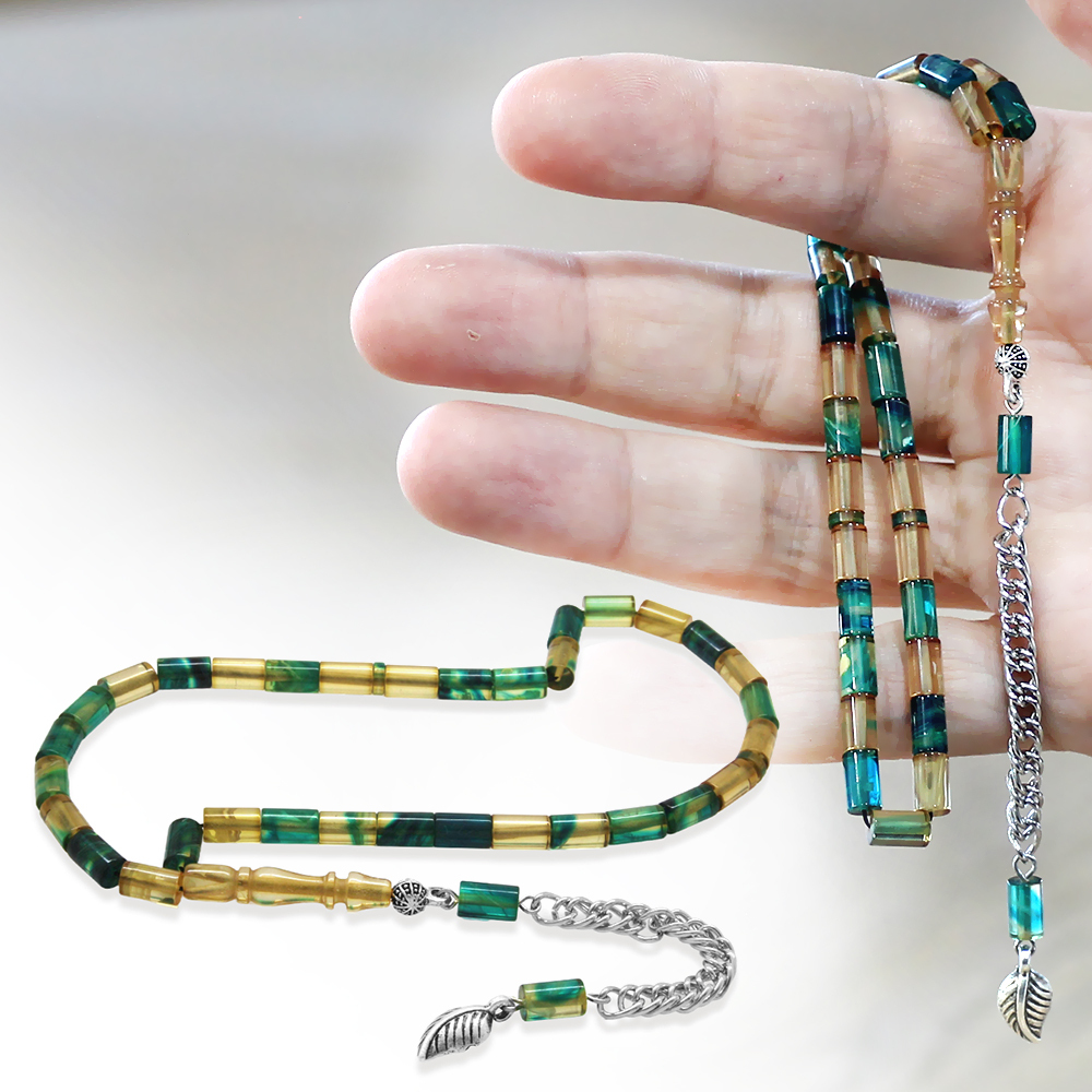 Ateş Kehribar Tesbih - Kararmaz Metal Püsküllü - Mini Boy - Mavi Beyaz - Kesme Kesim - 1