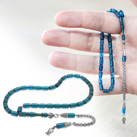 Ateş Kehribar Tesbih - Kararmaz Metal Püsküllü - Mini Boy - Mavi Renk - Kapsül Kesim - Tesbihane