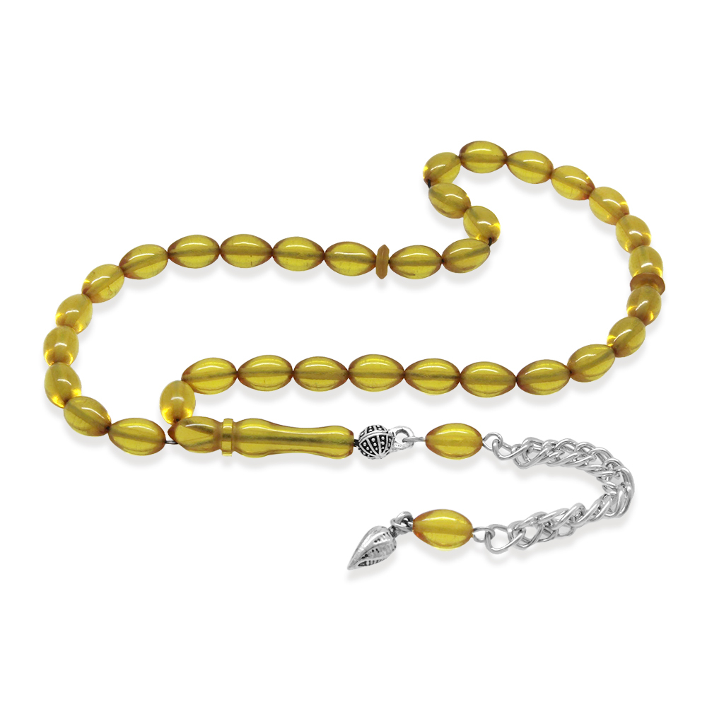 Ateş Kehribar Tesbih - Kararmaz Metal Püsküllü - Mini Boy - Sarı - Arpa Kesim - 2