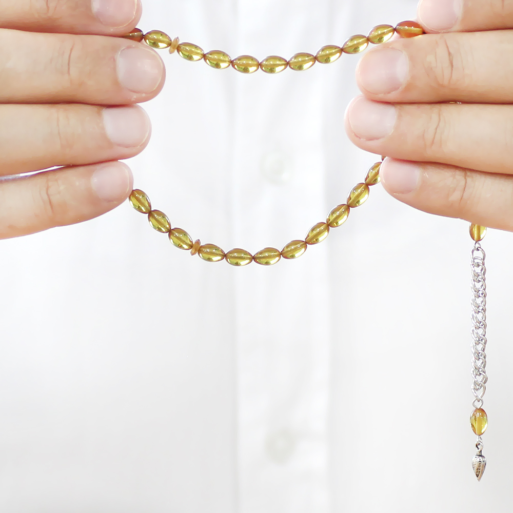 Ateş Kehribar Tesbih - Kararmaz Metal Püsküllü - Mini Boy - Sarı - Arpa Kesim - 4