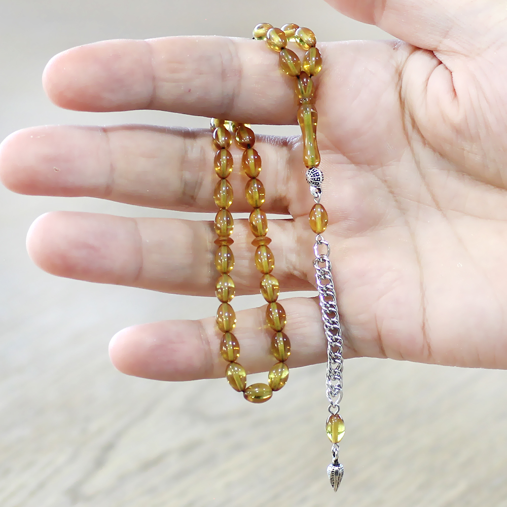 Ateş Kehribar Tesbih - Kararmaz Metal Püsküllü - Mini Boy - Sarı - Arpa Kesim - 3