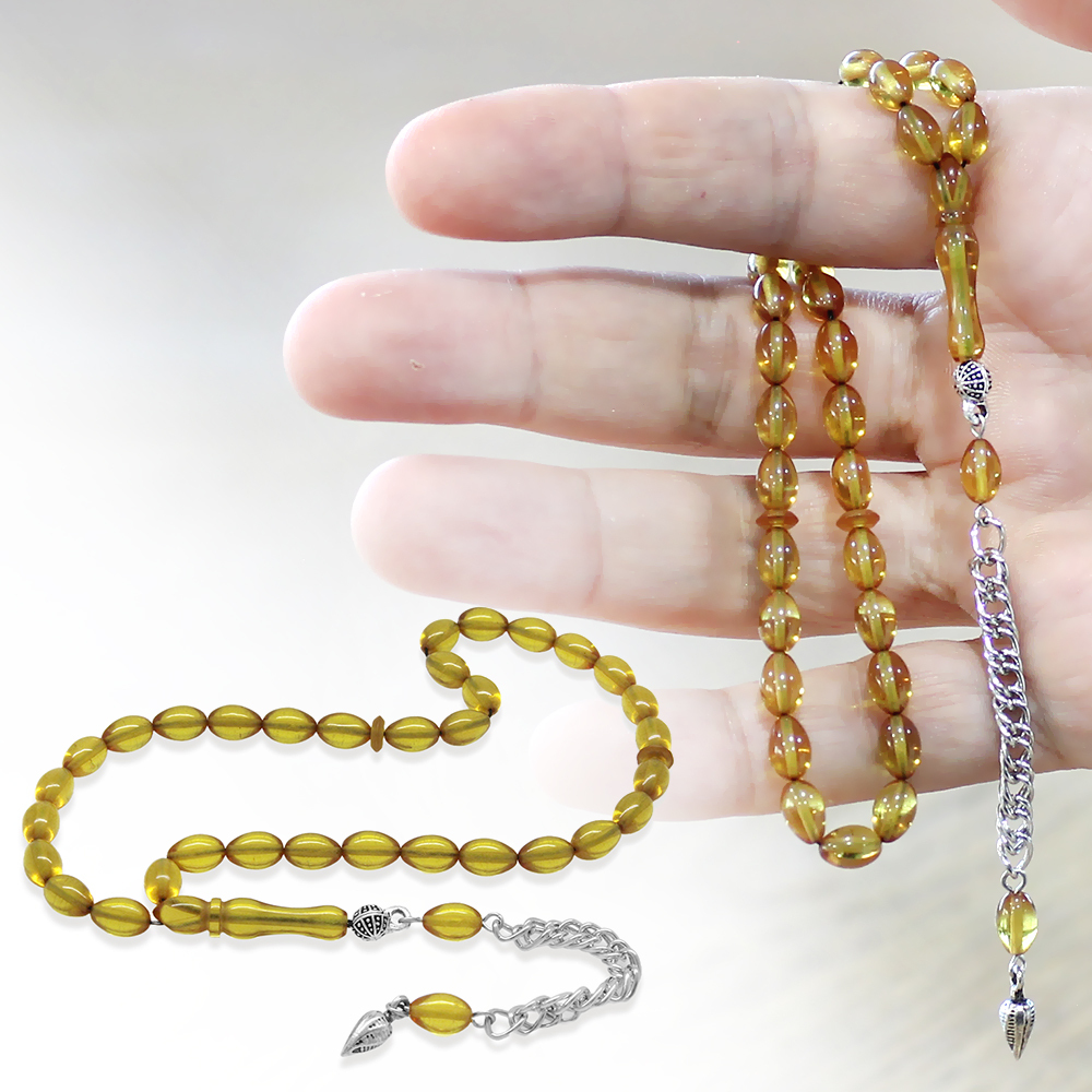 Ateş Kehribar Tesbih - Kararmaz Metal Püsküllü - Mini Boy - Sarı - Arpa Kesim - 1