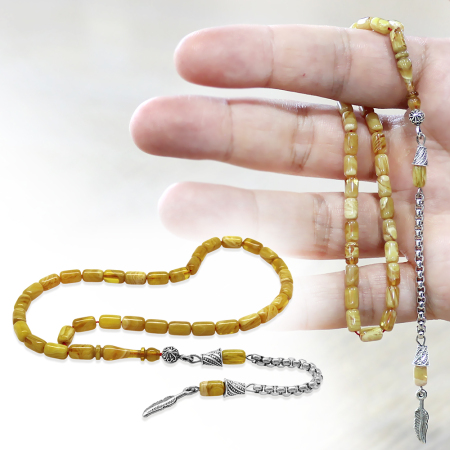 Ateş Kehribar Tesbih - Kararmaz Metal Püsküllü - Mini Boy - Sarı Beyaz Renk - Kapsül Kesim - Tesbihane