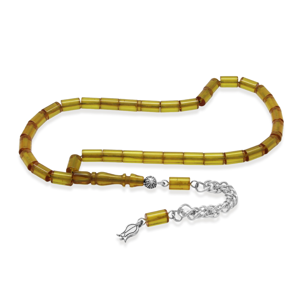 Ateş Kehribar Tesbih - Kararmaz Metal Püsküllü - Mini Boy - Sarı - Kesme Kesim - 2