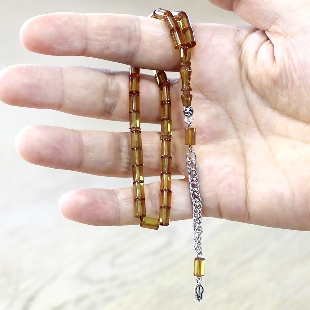 Ateş Kehribar Tesbih - Kararmaz Metal Püsküllü - Mini Boy - Sarı - Kesme Kesim - 3