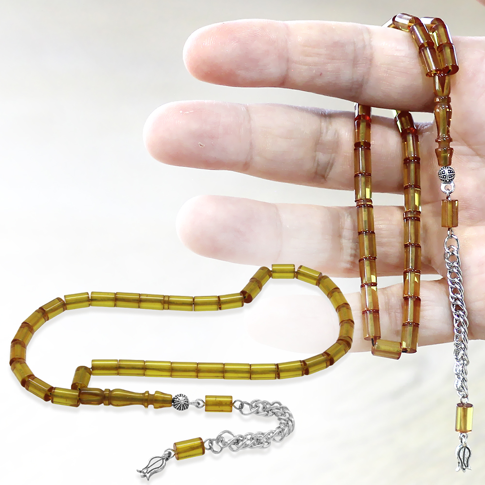 Ateş Kehribar Tesbih - Kararmaz Metal Püsküllü - Mini Boy - Sarı - Kesme Kesim - 1