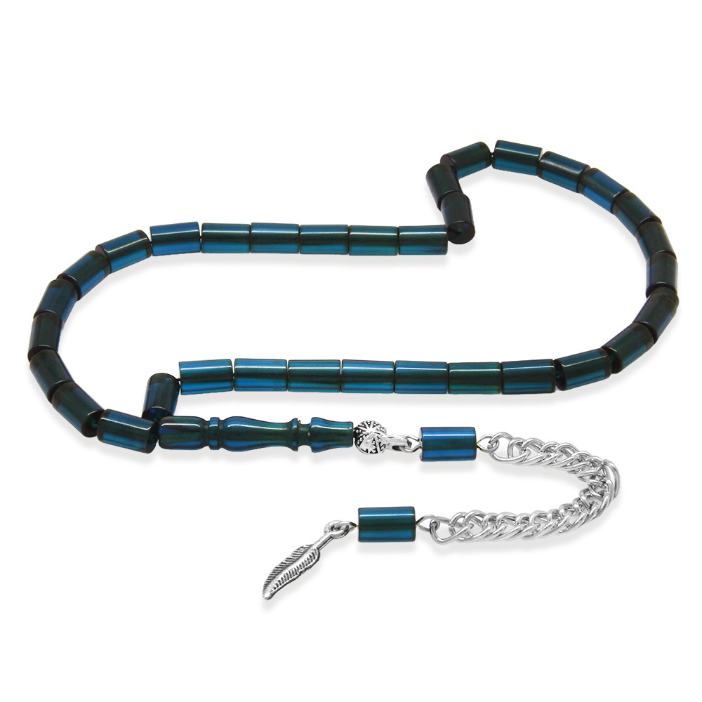 Ateş Kehribar Tesbih - Kararmaz Metal Püsküllü - Mini Boy - Mavi - Kesme Kesim - 2