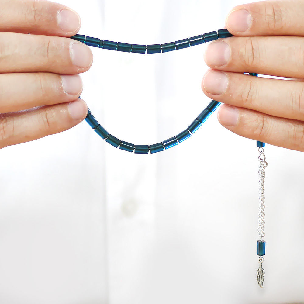 Ateş Kehribar Tesbih - Kararmaz Metal Püsküllü - Mini Boy - Mavi - Kesme Kesim - 4