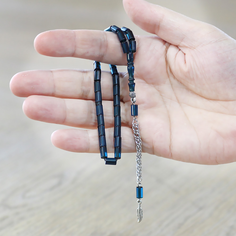 Ateş Kehribar Tesbih - Kararmaz Metal Püsküllü - Mini Boy - Mavi - Kesme Kesim - 3