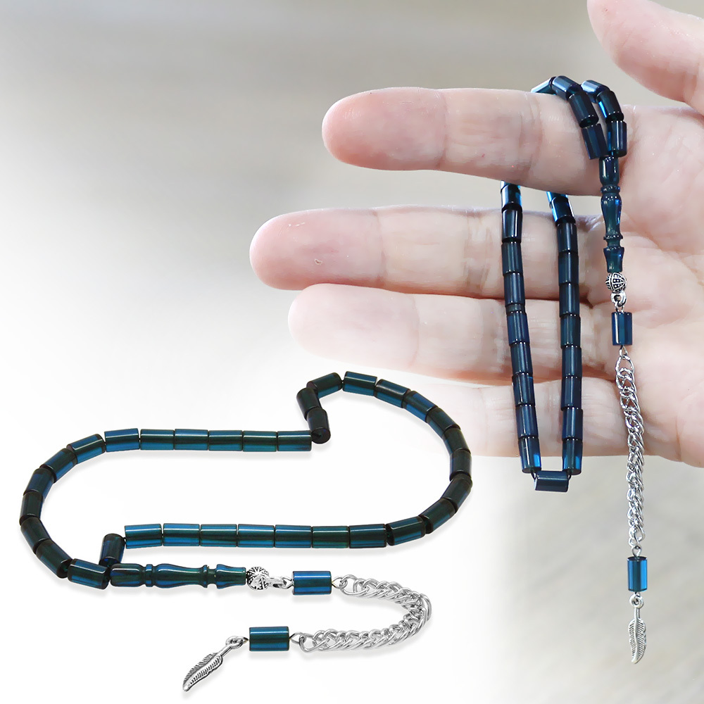 Ateş Kehribar Tesbih - Kararmaz Metal Püsküllü - Mini Boy - Mavi - Kesme Kesim - 1