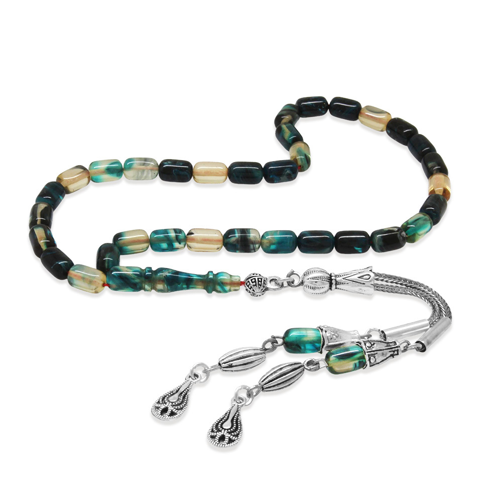 Ateş Kehribar Tesbih - Kararmaz Metal Damla Püsküllü - Mavi Beyaz Renk - Mini Boy - Kapsül Kesim - 4