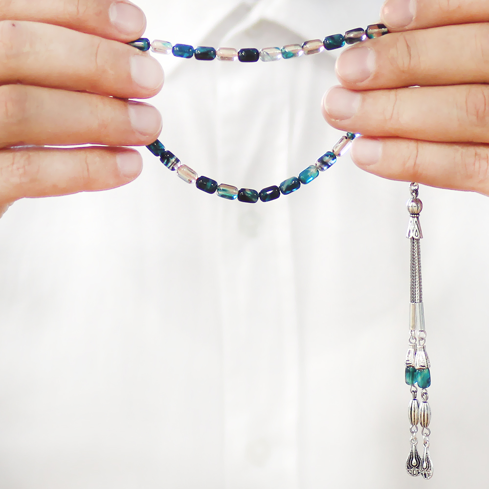 Ateş Kehribar Tesbih - Kararmaz Metal Damla Püsküllü - Mavi Beyaz Renk - Mini Boy - Kapsül Kesim - 3