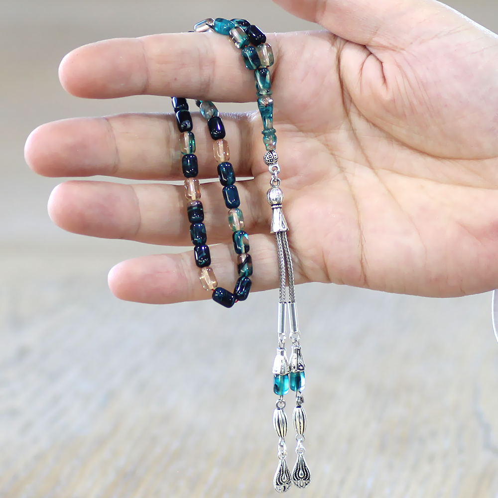 Ateş Kehribar Tesbih - Kararmaz Metal Damla Püsküllü - Mavi Beyaz Renk - Mini Boy - Kapsül Kesim - 2