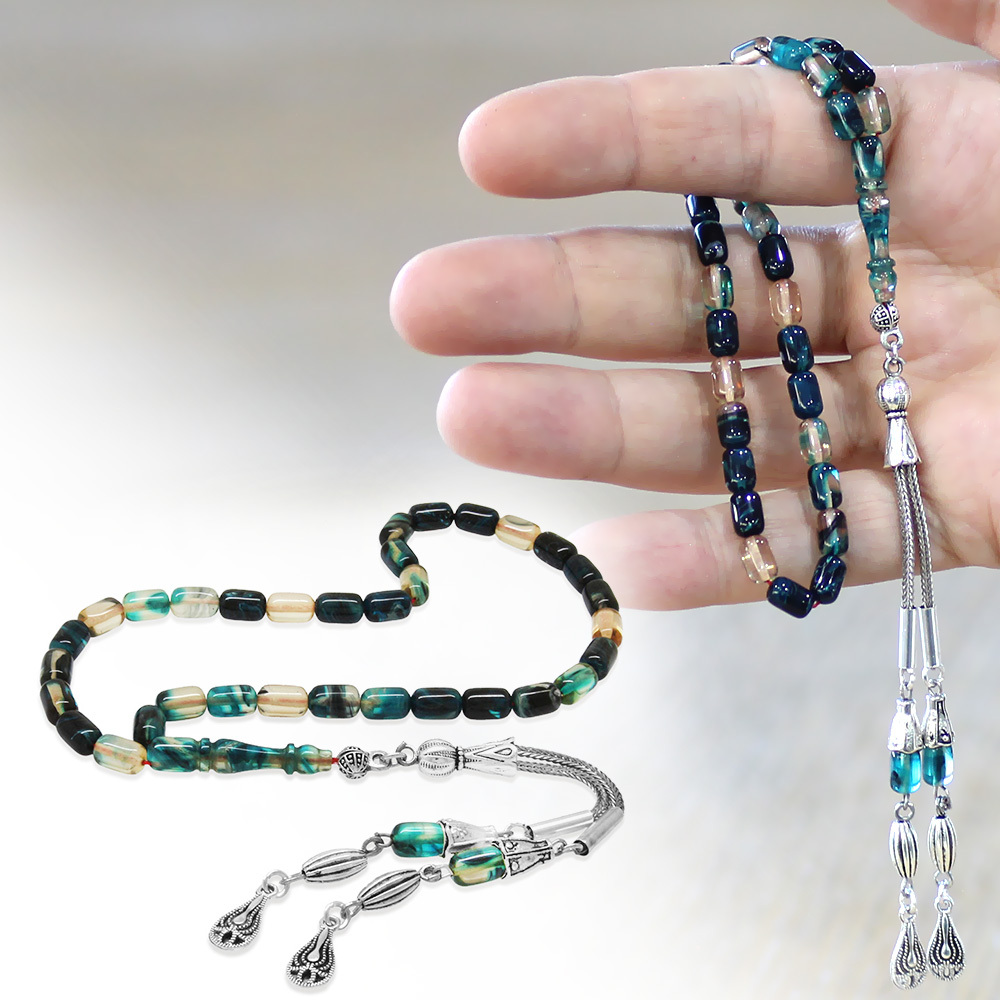 Ateş Kehribar Tesbih - Kararmaz Metal Damla Püsküllü - Mavi Beyaz Renk - Mini Boy - Kapsül Kesim - 1