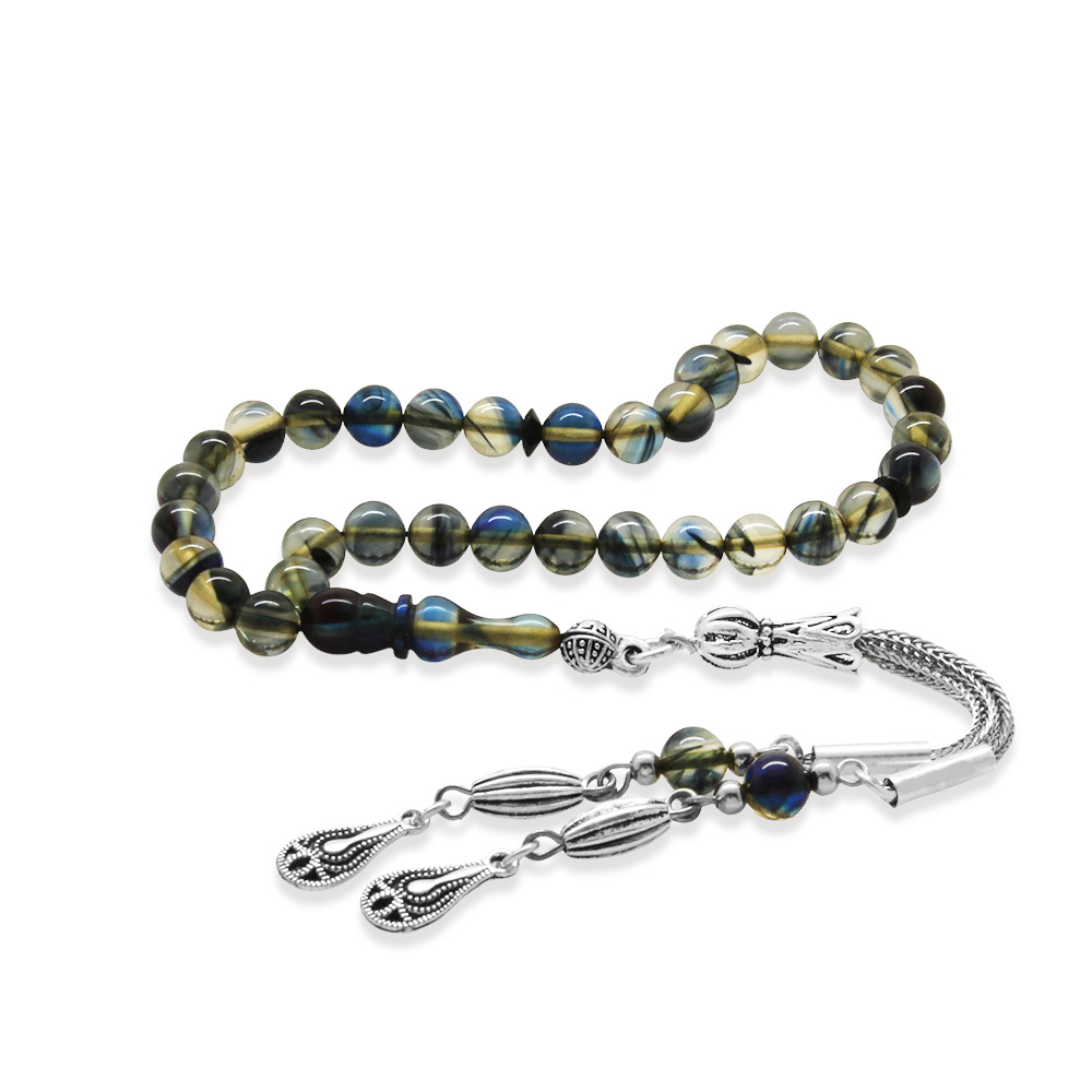 Ateş Kehribar Tesbih - Kararmaz Metal Damla Püsküllü - Bilek Boy - Bonibon Renkli - Küre Kesim - 4