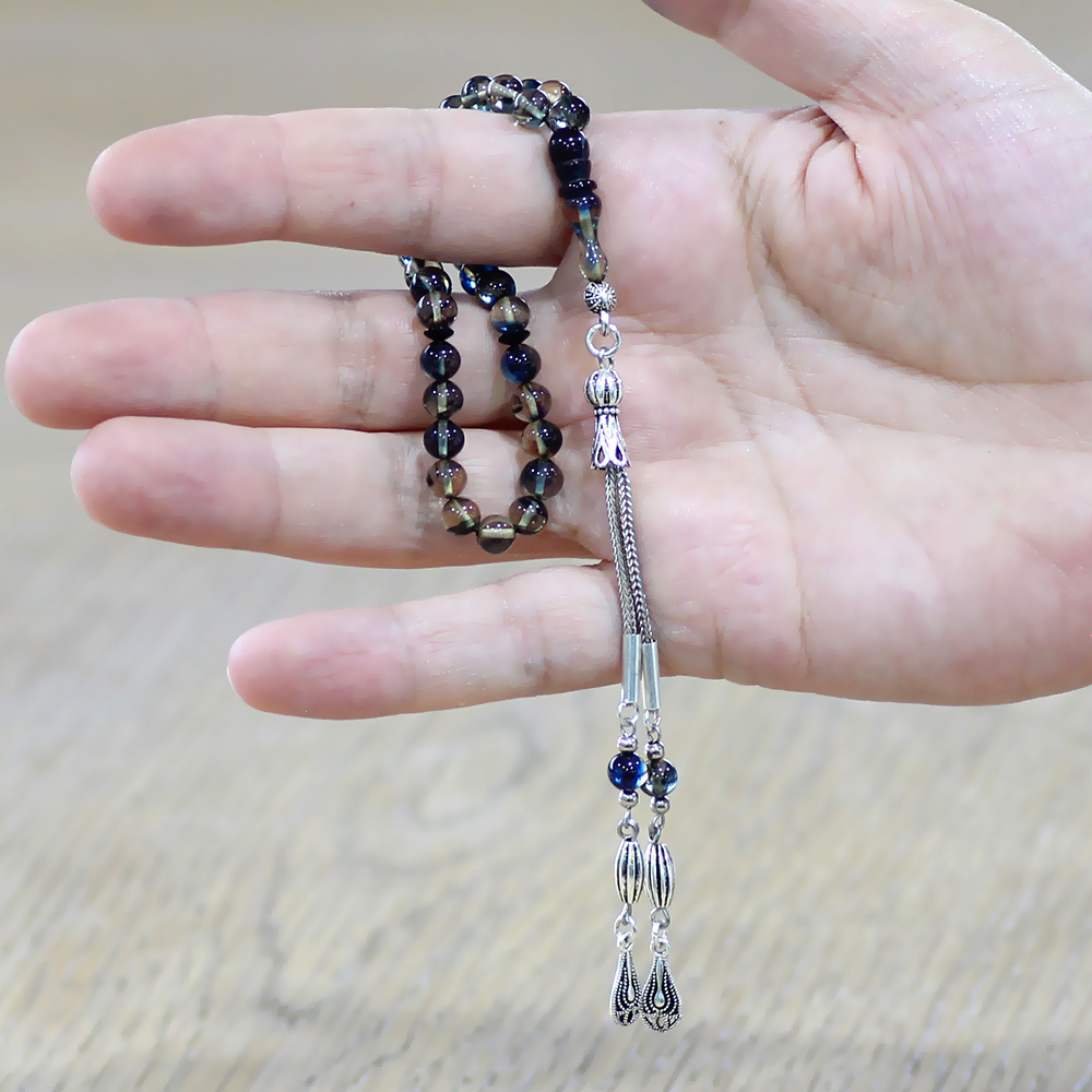 Ateş Kehribar Tesbih - Kararmaz Metal Damla Püsküllü - Bilek Boy - Bonibon Renkli - Küre Kesim - 2