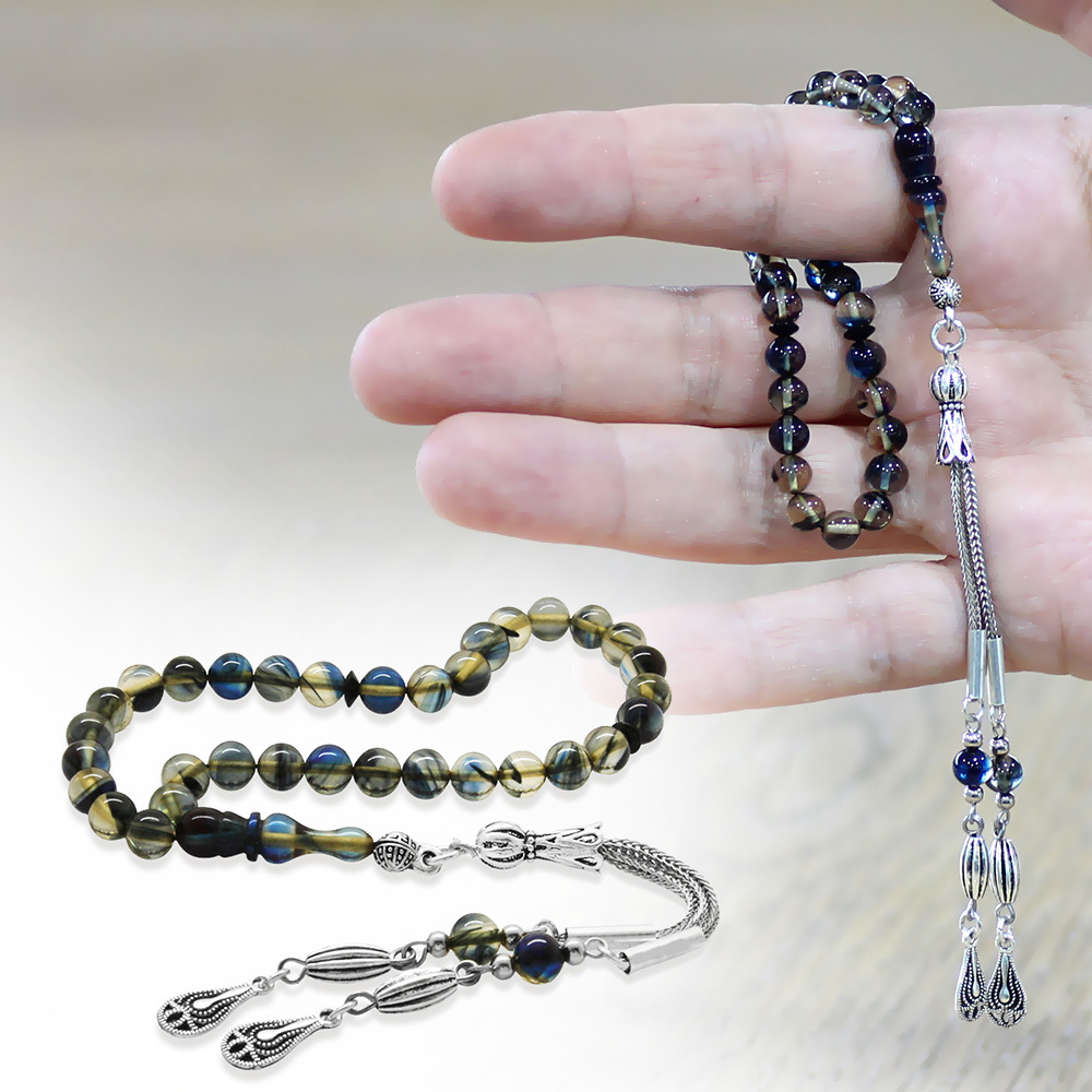 Ateş Kehribar Tesbih - Kararmaz Metal Damla Püsküllü - Bilek Boy - Bonibon Renkli - Küre Kesim - 1