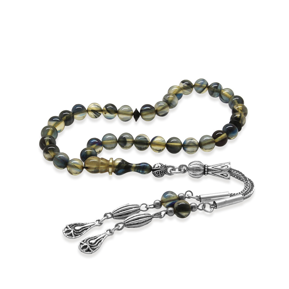 Ateş Kehribar Tesbih - Kararmaz Metal Damla Püsküllü - Bilek Boy - Mavi Beyaz Renk - Küre Kesim - 4