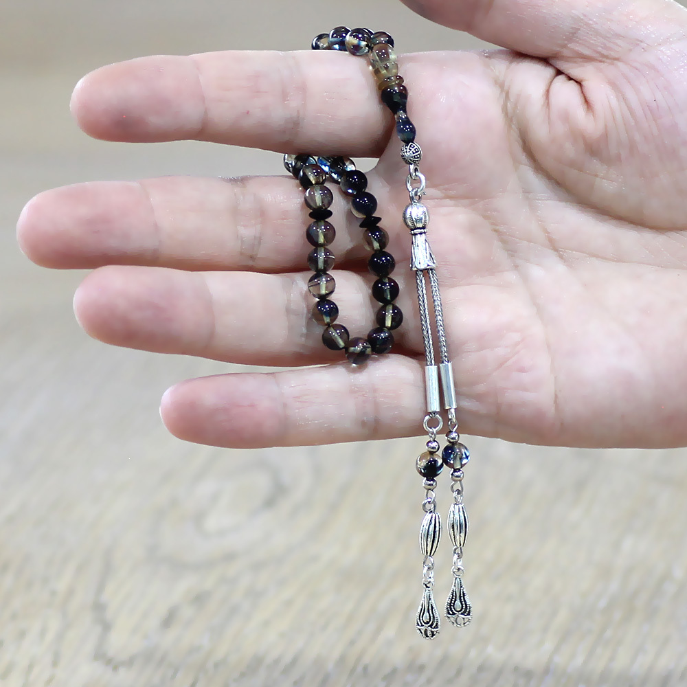 Ateş Kehribar Tesbih - Kararmaz Metal Damla Püsküllü - Bilek Boy - Mavi Beyaz Renk - Küre Kesim - 2