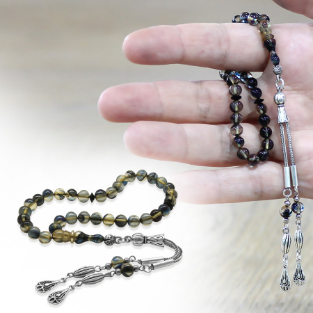 Ateş Kehribar Tesbih - Kararmaz Metal Damla Püsküllü - Bilek Boy - Mavi Beyaz Renk - Küre Kesim - Tesbihane