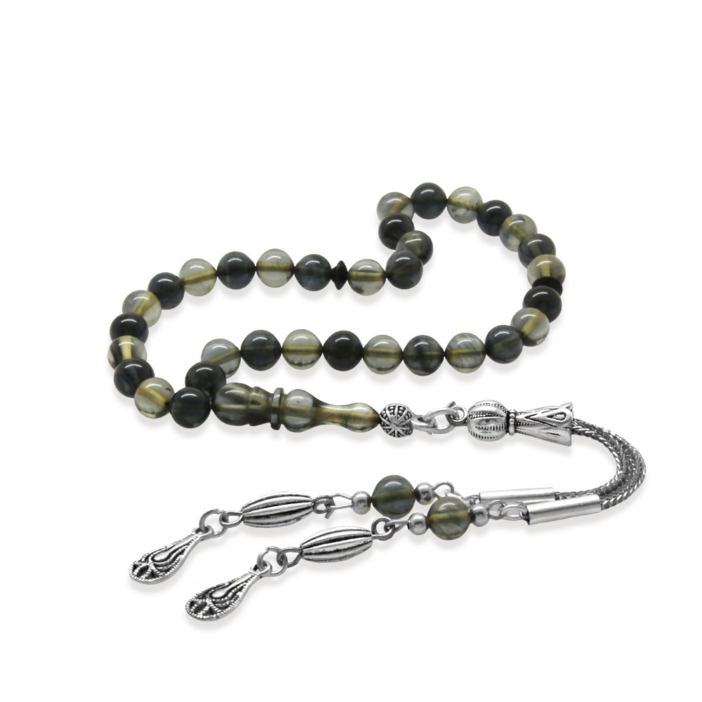 Ateş Kehribar Tesbih - Kararmaz Metal Damla Püsküllü - Bilek Boy - Siyah Beyaz Renk - Küre Kesim - 4