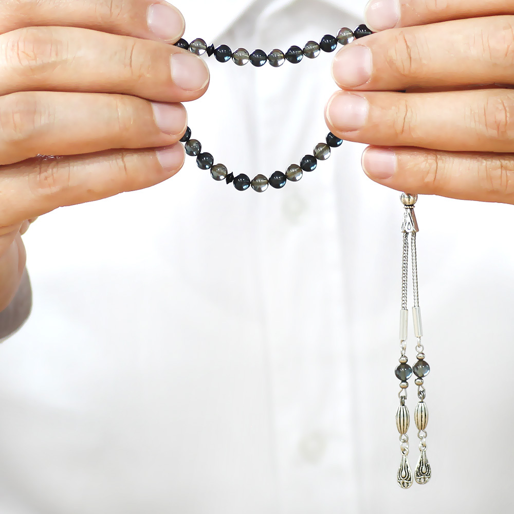 Ateş Kehribar Tesbih - Kararmaz Metal Damla Püsküllü - Bilek Boy - Siyah Beyaz Renk - Küre Kesim - 3