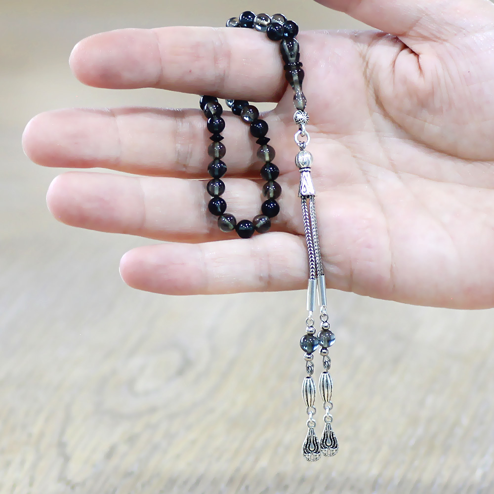 Ateş Kehribar Tesbih - Kararmaz Metal Damla Püsküllü - Bilek Boy - Siyah Beyaz Renk - Küre Kesim - 2