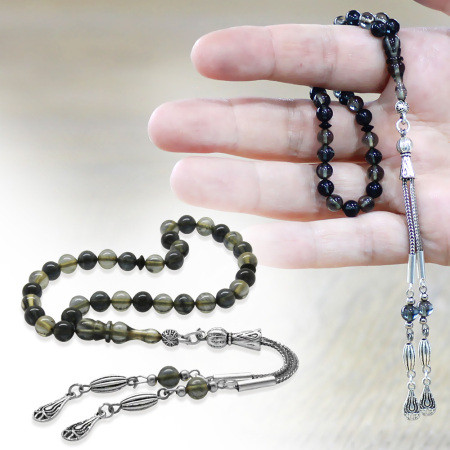 Ateş Kehribar Tesbih - Kararmaz Metal Damla Püsküllü - Bilek Boy - Siyah Beyaz Renk - Küre Kesim - Tesbihane