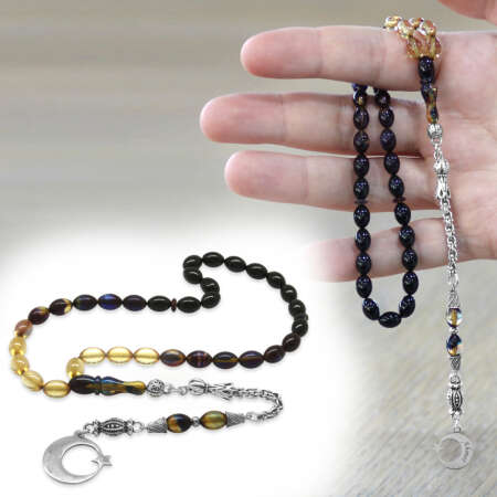 Ateş Kehribar Tesbih - Metal Püsküllü - Arpa Kesim - Ayyıldız Uçlu İsme Özel Yazılı - Bonibon Renk - Tesbihane