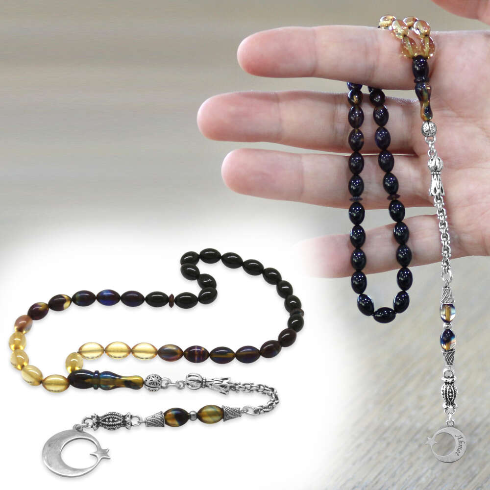 Ateş Kehribar Tesbih - Metal Püsküllü - Arpa Kesim - Ayyıldız Uçlu İsme Özel Yazılı - Bonibon Renk - 1