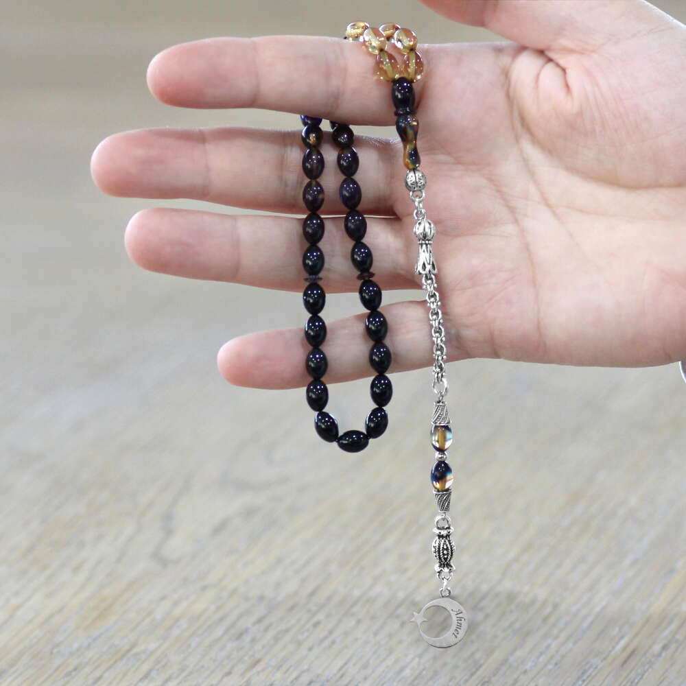 Ateş Kehribar Tesbih - Metal Püsküllü - Arpa Kesim - Ayyıldız Uçlu İsme Özel Yazılı - Bonibon Renk - 2