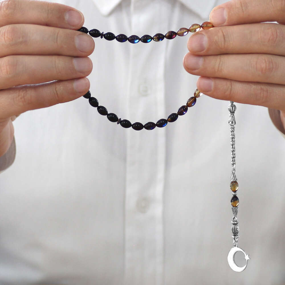 Ateş Kehribar Tesbih - Metal Püsküllü - Arpa Kesim - Ayyıldız Uçlu İsme Özel Yazılı - Bonibon Renk - 3