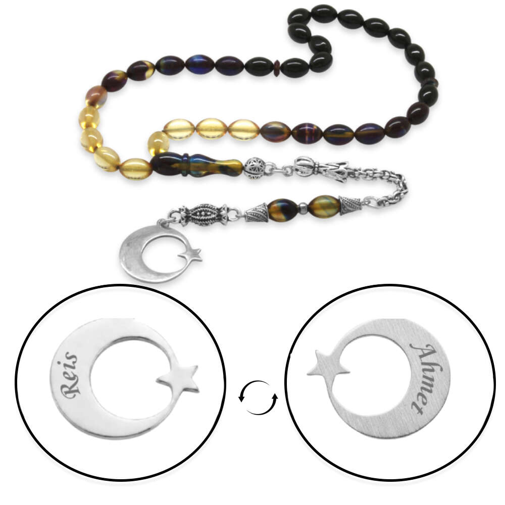 Ateş Kehribar Tesbih - Metal Püsküllü - Arpa Kesim - Ayyıldız Uçlu İsme Özel Yazılı - Bonibon Renk - 4