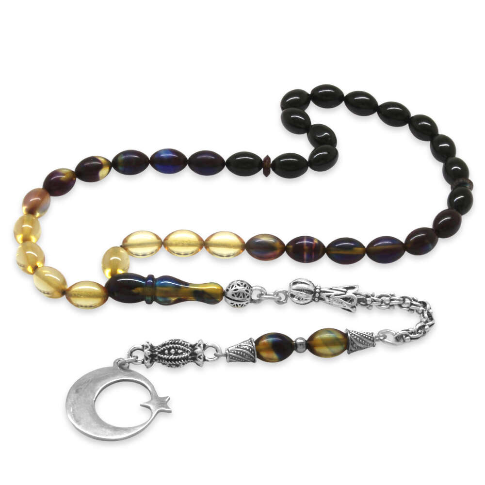 Ateş Kehribar Tesbih - Metal Püsküllü - Arpa Kesim - Ayyıldız Uçlu İsme Özel Yazılı - Bonibon Renk - 5