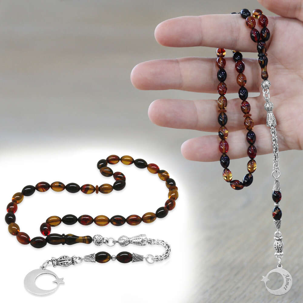 Ateş Kehribar Tesbih - Metal Püsküllü - Bala Siyah - Ayyıldız Uçlu İsme Özel Yazılı - Arpa Kesim - 1