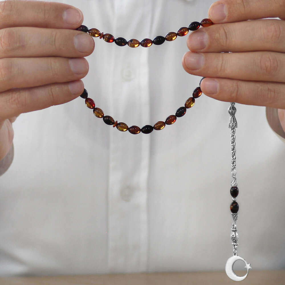 Ateş Kehribar Tesbih - Metal Püsküllü - Bala Siyah - Ayyıldız Uçlu İsme Özel Yazılı - Arpa Kesim - 3