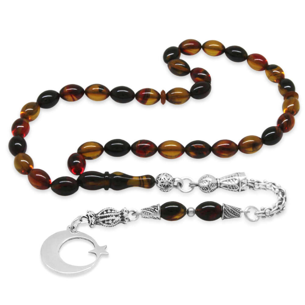 Ateş Kehribar Tesbih - Metal Püsküllü - Bala Siyah - Ayyıldız Uçlu İsme Özel Yazılı - Arpa Kesim - 5