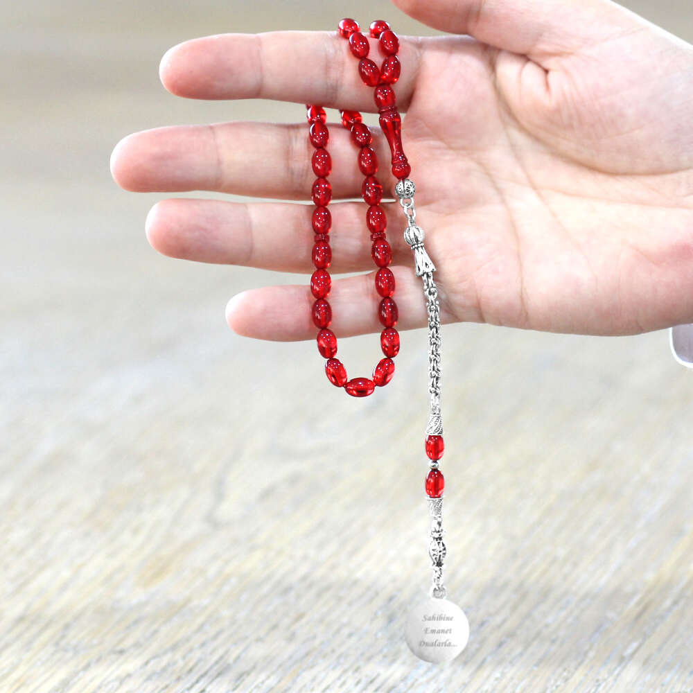 Ateş Kehribar Tesbih - Metal Püsküllü - Kırmızı - Ayetel Kürsi Uçlu İsme Özel Yazılı - Arpa Kesim - 2