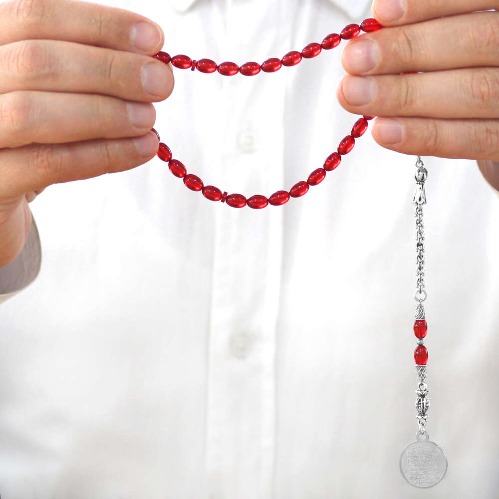 Ateş Kehribar Tesbih - Metal Püsküllü - Kırmızı - Ayetel Kürsi Uçlu İsme Özel Yazılı - Arpa Kesim - 3