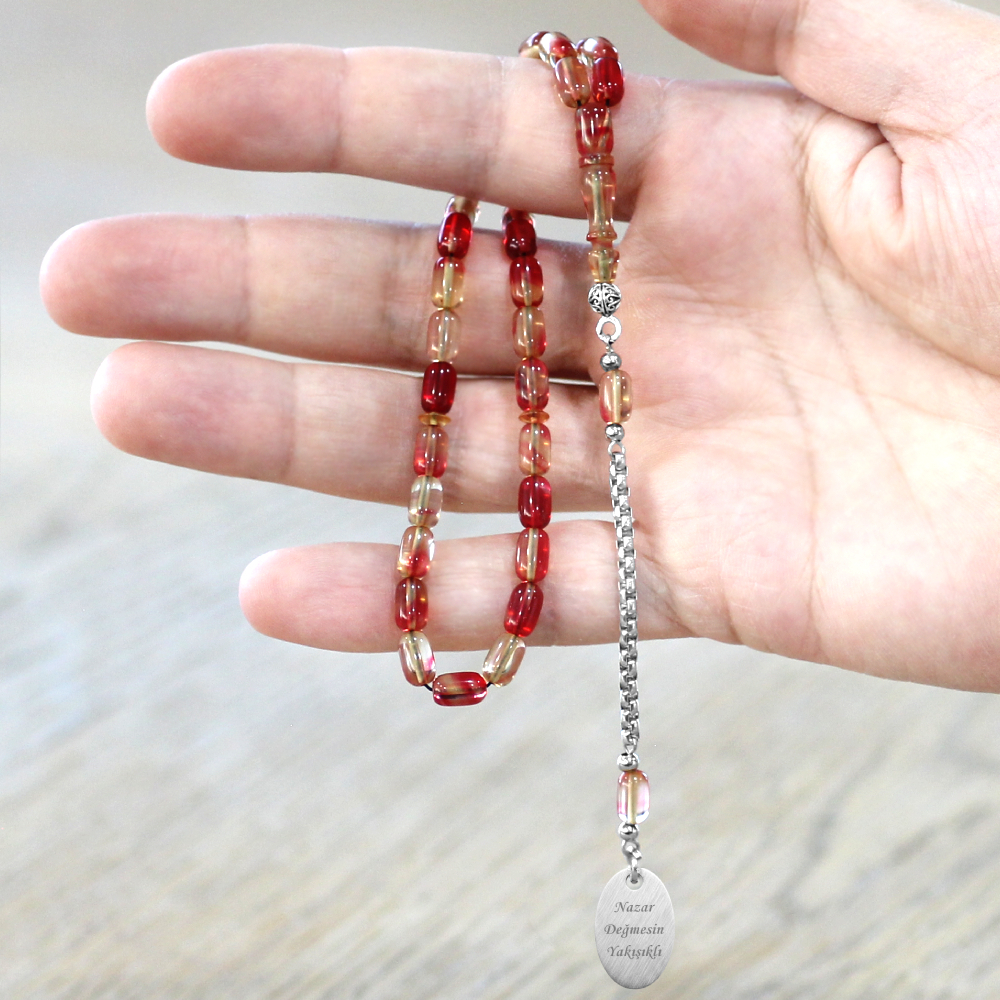 Ateş Kehribar Tesbih - Metal Püsküllü - Kırmızı Beyaz Renk - Nazar Ayeti Uçlu İsme Özel Yazılı - 2