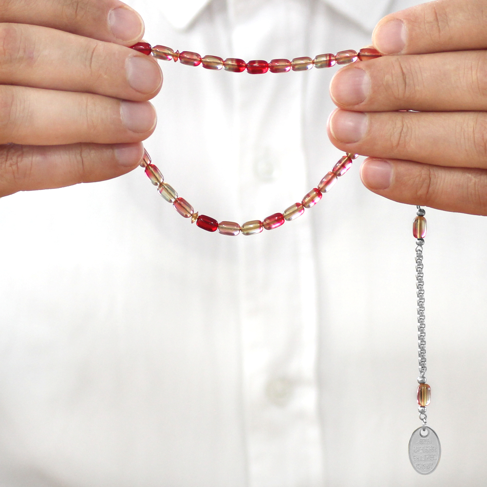 Ateş Kehribar Tesbih - Metal Püsküllü - Kırmızı Beyaz Renk - Nazar Ayeti Uçlu İsme Özel Yazılı - 3