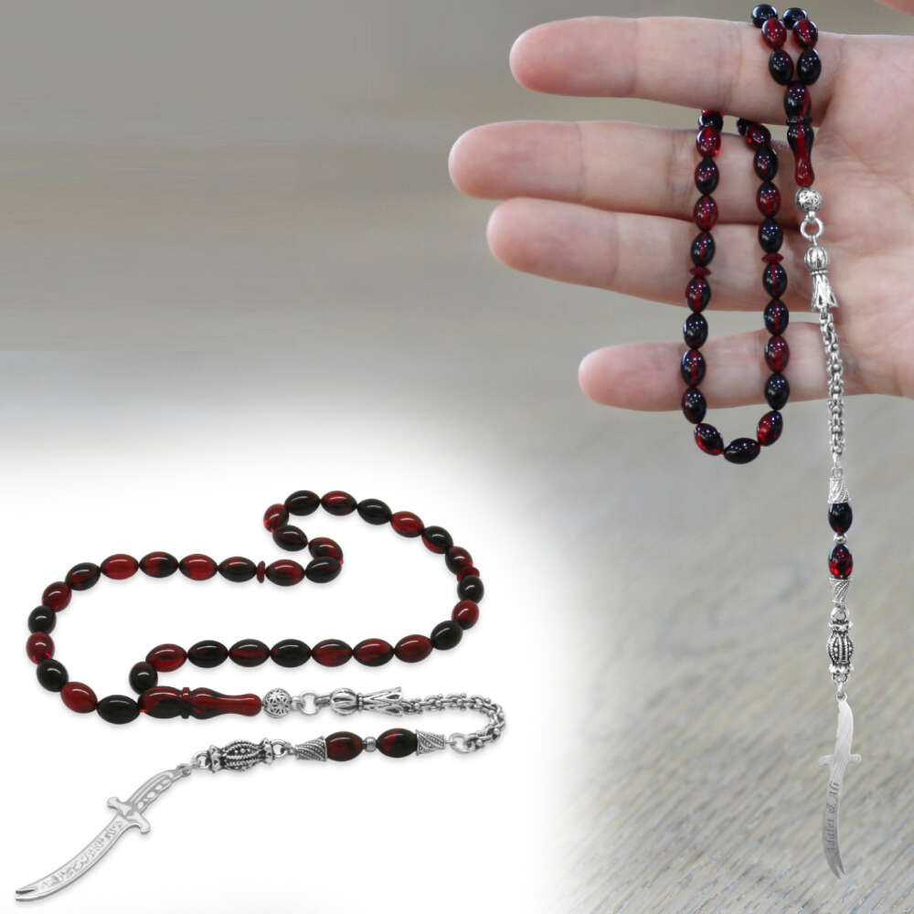 Ateş Kehribar Tesbih - Metal Püsküllü - Kırmızı Siyah - Zülfikar Uçlu İsme Özel Yazılı - Arpa Kesim - 1