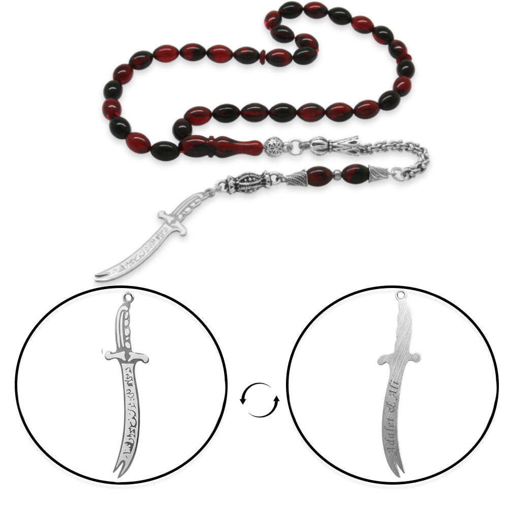 Ateş Kehribar Tesbih - Metal Püsküllü - Kırmızı Siyah - Zülfikar Uçlu İsme Özel Yazılı - Arpa Kesim - 4