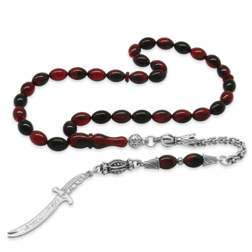 Ateş Kehribar Tesbih - Metal Püsküllü - Kırmızı Siyah - Zülfikar Uçlu İsme Özel Yazılı - Arpa Kesim - 5