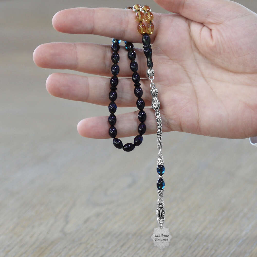 Ateş Kehribar Tesbih - Metal Püsküllü - Mavi Beyaz - Nazar Ayeti Uçlu İsme Özel Yazılı - Arpa Kesim - 2