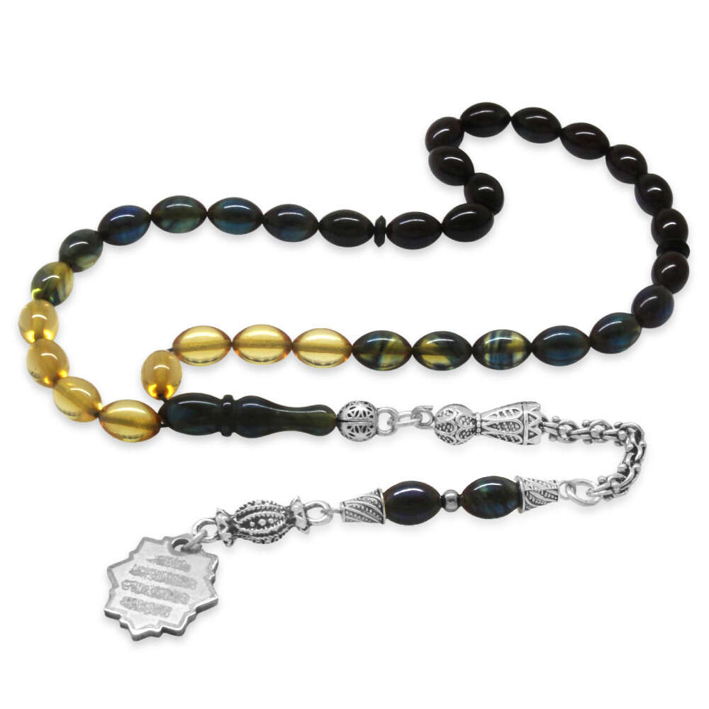 Ateş Kehribar Tesbih - Metal Püsküllü - Mavi Beyaz - Nazar Ayeti Uçlu İsme Özel Yazılı - Arpa Kesim - 5