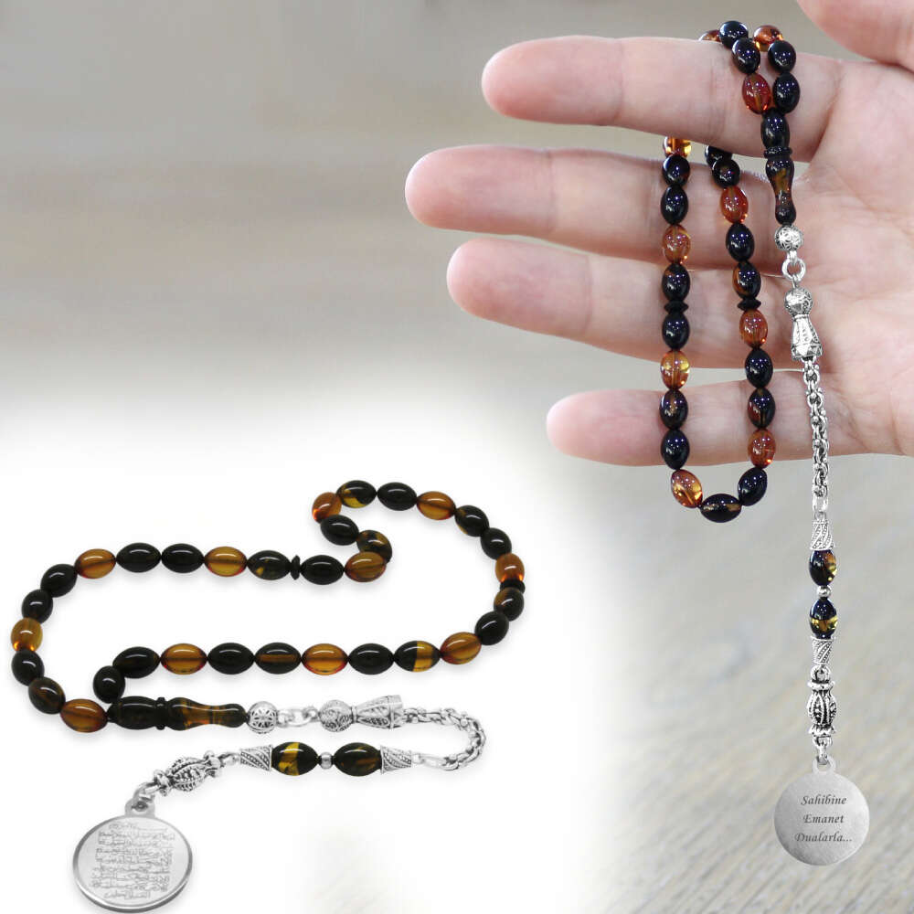 Ateş Kehribar Tesbih - Metal Püsküllü - Sarı Siyah - Ayetel Kürsi Uçlu İsme Özel Yazılı - Arpa Kesim - 1