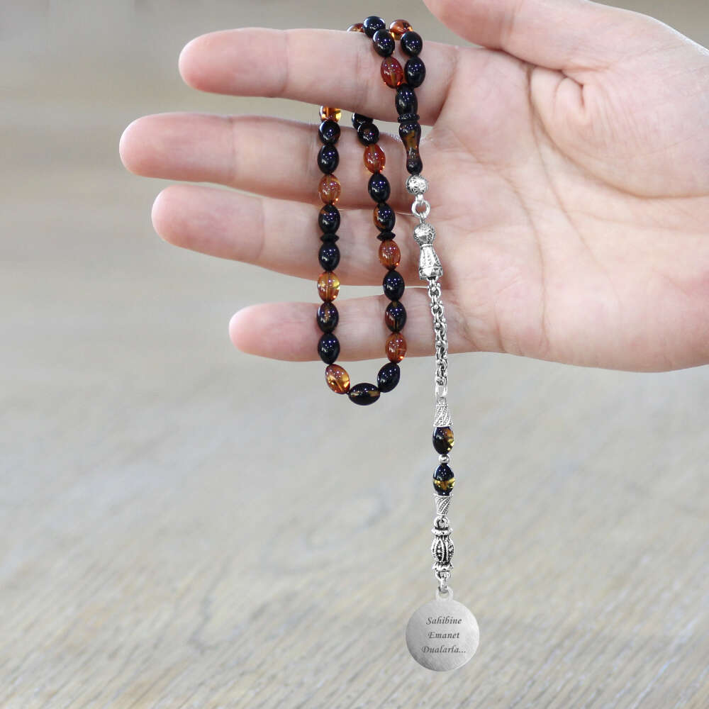 Ateş Kehribar Tesbih - Metal Püsküllü - Sarı Siyah - Ayetel Kürsi Uçlu İsme Özel Yazılı - Arpa Kesim - 2